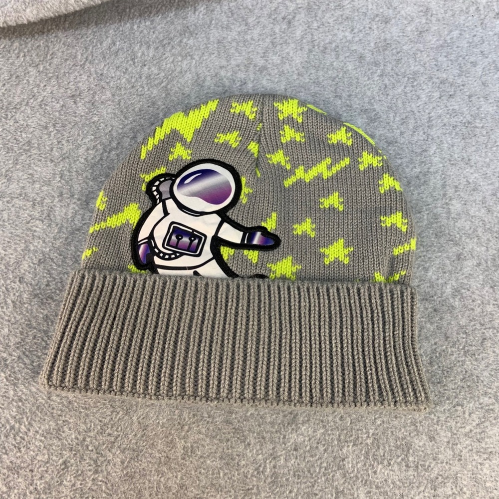 Astronaut Patch Boys Grey Neon Green Knit Beanie Space Theme One Size